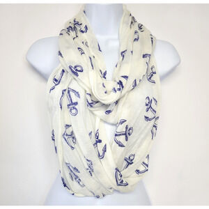 Chic Infinity Scarf Womens One Size White Blue Anchor Nautical Knit Acrylic